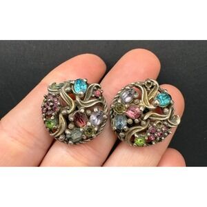 Vintage HollyCraft Earrings Fruit Salad Gold Tone Screw Back‎ Signed Rhinestone
